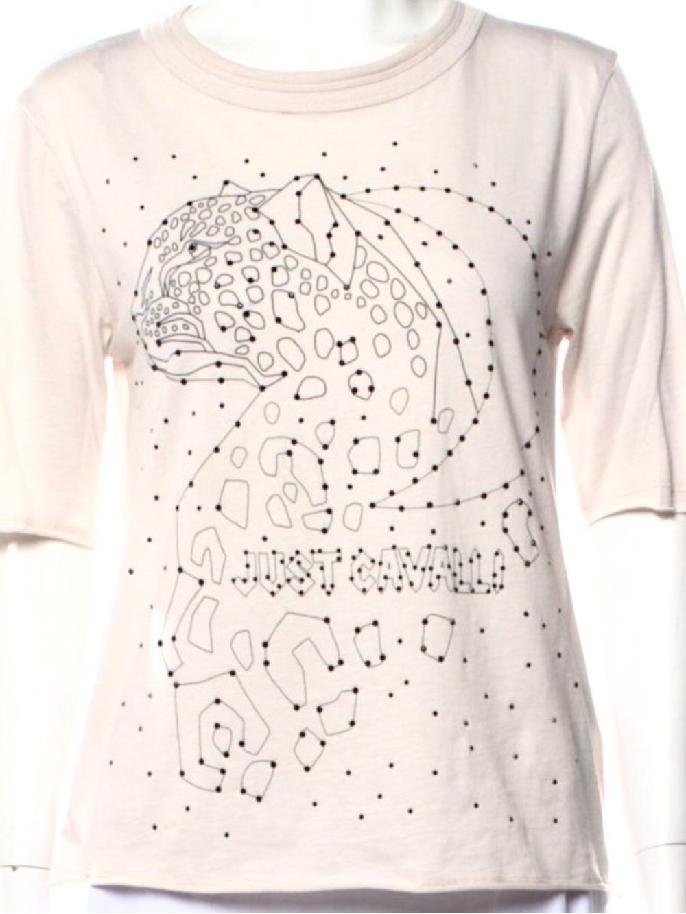 Just Cavalli Pale beige/Pink Studded Leopard Graphic Short Sleeve Tee